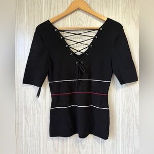 White House Black Market Sweater Size Small Black Stripe Lace Up V Neck NWT
